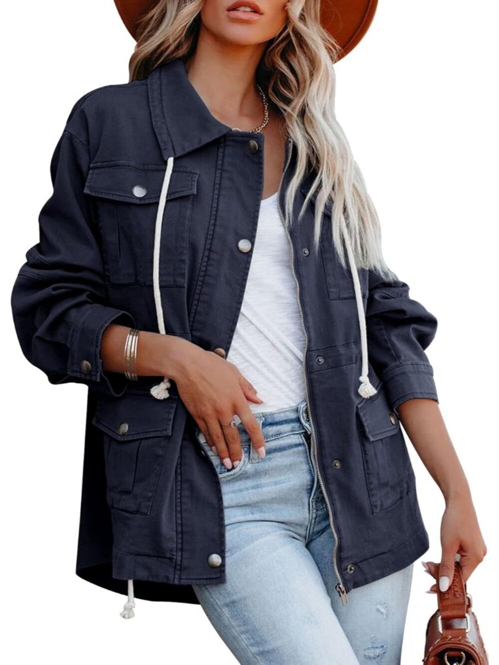 〽️Women's Navy Cotton Military Anorak Zip Up Safari Utility Lightweight Coat